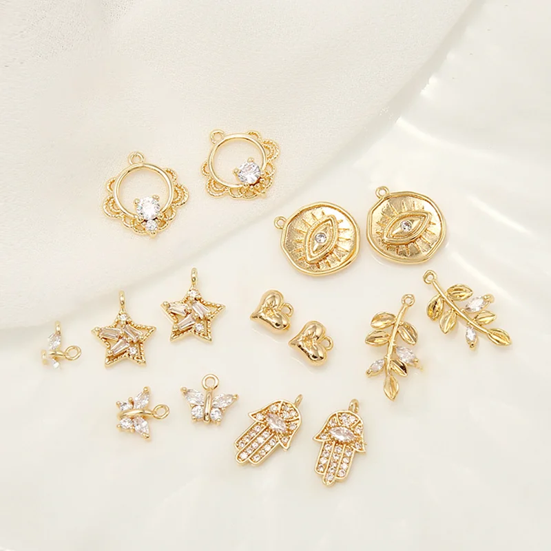 

2pcs/lot 14K Gold Plated Brass Zircon Hamsa Hand Evil Eye Links Charms Pendant Beads for Women Jewelry DIY Making Decor