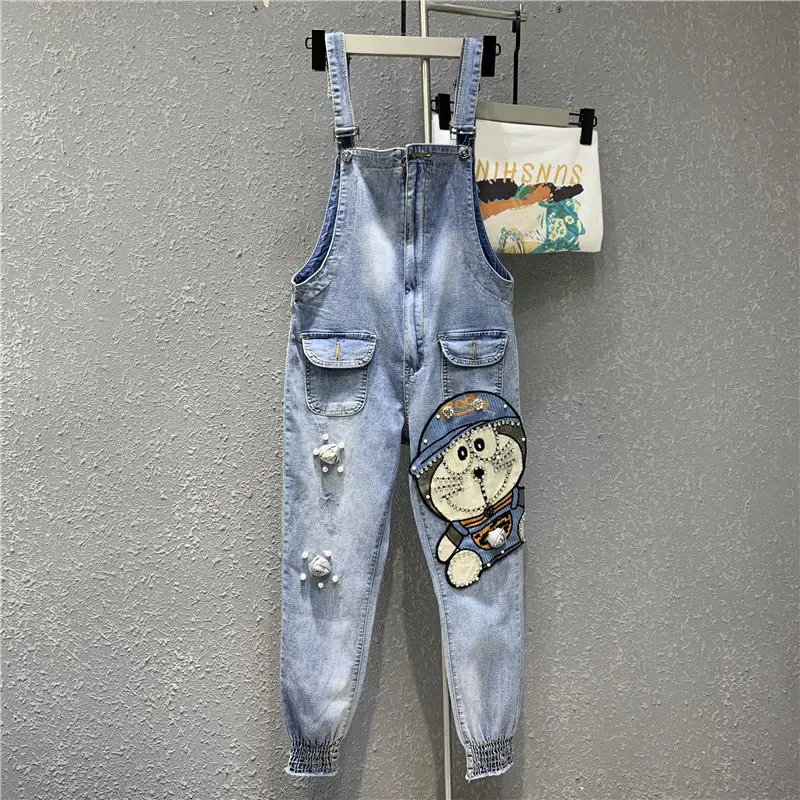 Denim Overalls for Women 2022 New Spring Autumn Beads Cartoon Hole Women's Jumpsuits Loose Casual Denim Pants Students Rompers