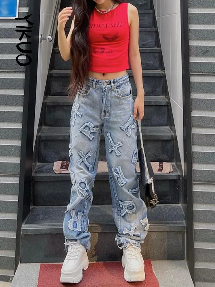 

YIKUO Patchwork Women's Jeans Y2K Streetwear Baggy Straight Cargo Pants Punk High Waist Wide Leg Denim Trousers 90s Vintage