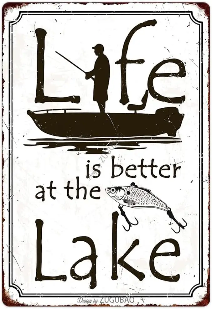 Забавный Fshng Tn Sgns-Lfe s Better t The Lke Vntge Metl Fsh Pntng rt Prntng Плакат Wll Decor для дома Ktchen Br Cfe Pub 12x8