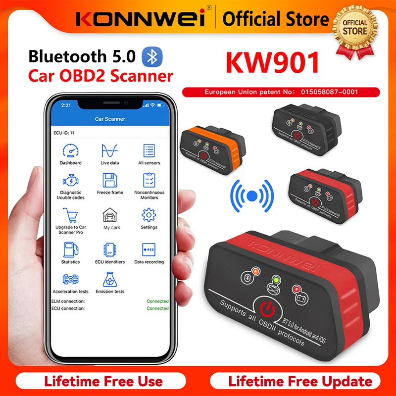 Фото 2026 KONNWEI KW901 ELM 327 OBD2 V1.5 Bluetooth 5.0 Автомобильный диагностический сканер OBD2 для Android/iOS, считыватель кодов, аналог Vgate ICAR2 №1