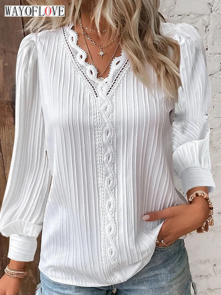

WAYOFLOVE Lady White Stripe Top Women's Blouses Fashion Solid V-neck Casual Long Sleeve Elegant Office Shirts Female Slim Blusas