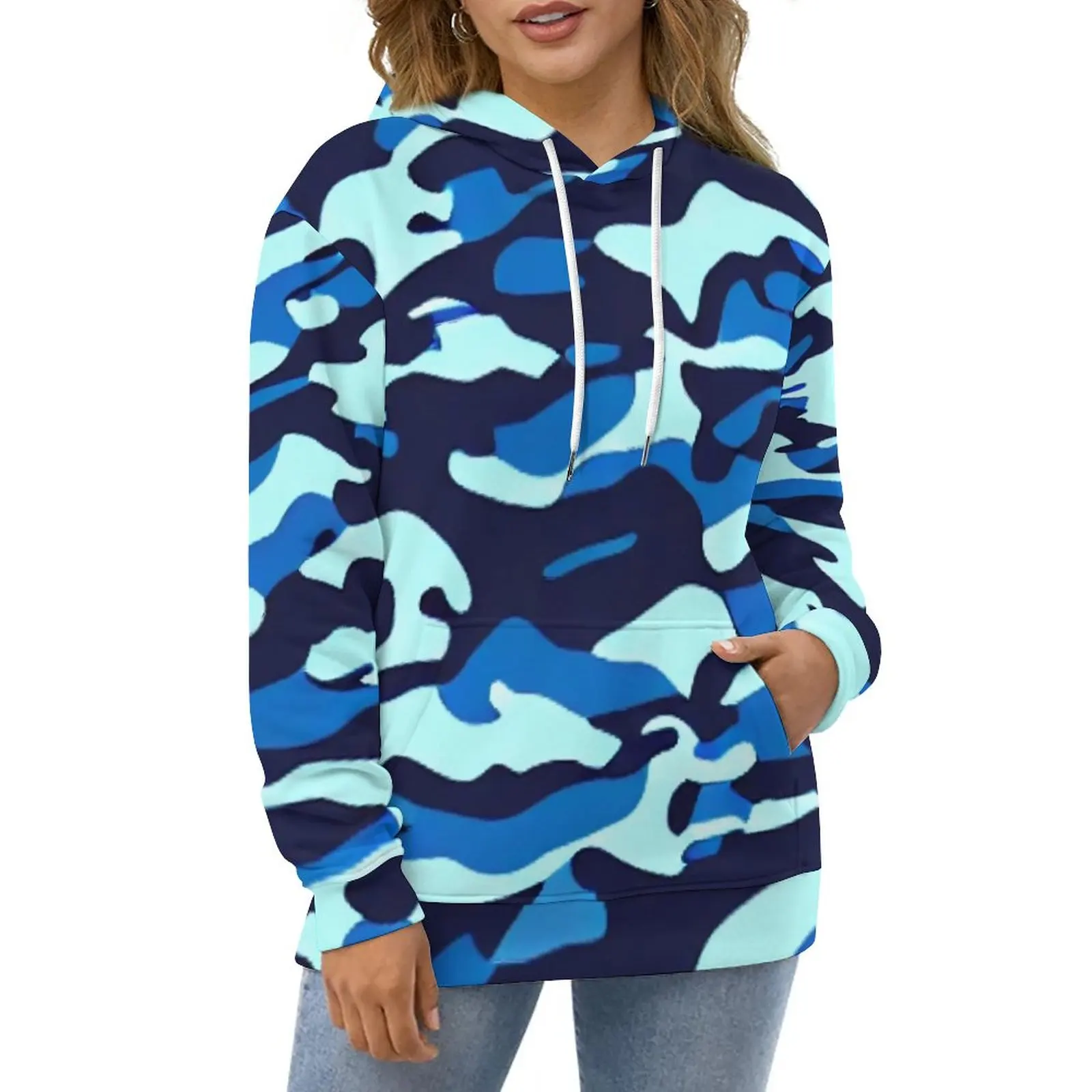 

Голубые камуфляжные худи с длинным рукавом и принтом, армейский Камуфляжный Повседневный пуловер, зимняя Женская толстовка