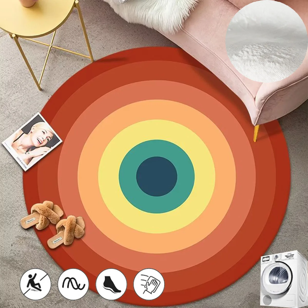 

Round Rainbow Rug Colorful Home Decor Carpet Soft Non-slip Computer Chair Floor Mat Living Room Bedroom Large Area Washable Rugs