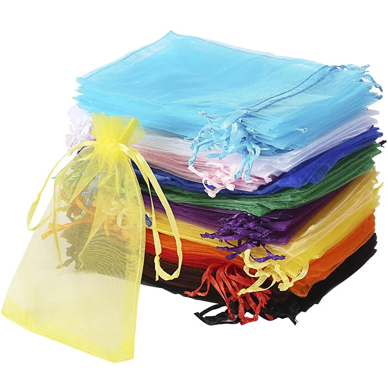 

50pcs/lot Random Color Wedding Packaging Bundle Mouth Candy Yarn Bag 9x12cm With Drawstring Adjustable Gifts Pouches Organza Bag