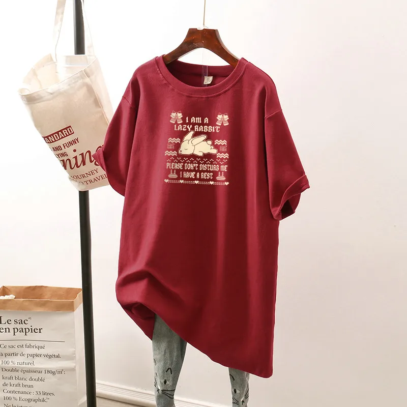 

DAYIFUN Cotton L-4XL T Shirt Dress Mid Length Cartoon Print Tshirt Short Sleeve Women Top Summer Plus Size Oversized T Shirts
