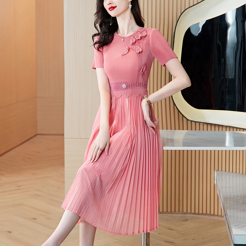 Платье миди женское Плиссированное с круглым вырезом коротким рукавом и