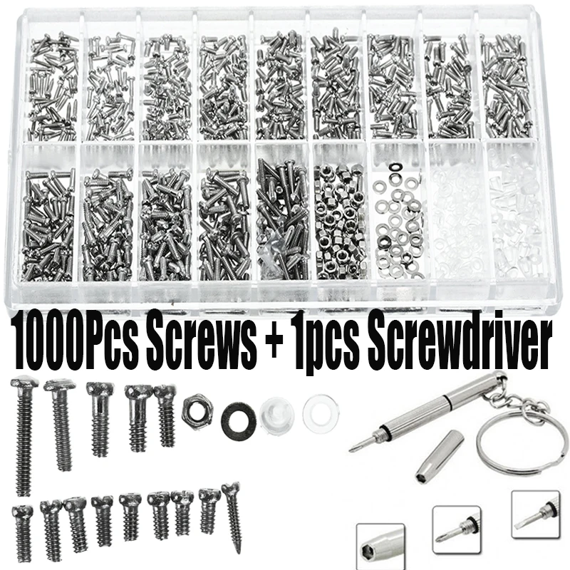 

1000Pcs Screws + 1pc Multifunction Screwdriver Set Assortment Tiny Eyeglass Sun Glasses Spectacles Screw Repair Tool Kit