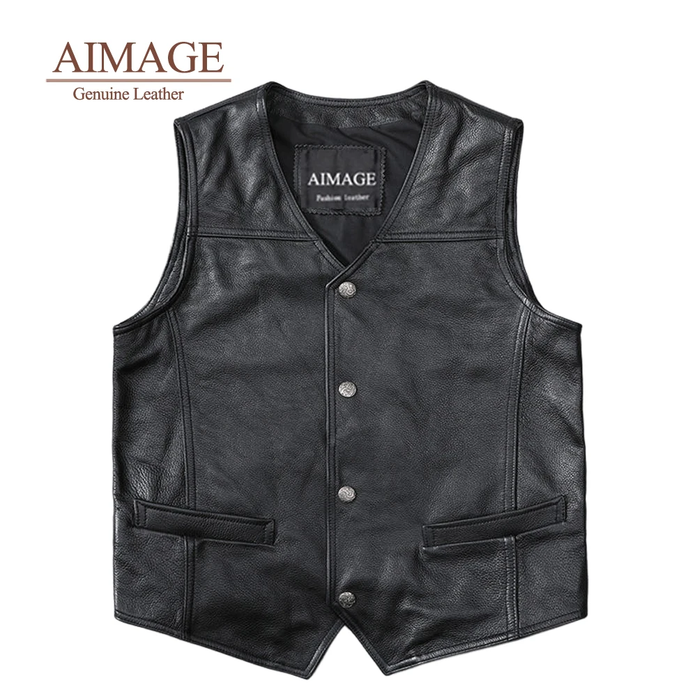 

Top Cow Leather Vest V Collar Blusa Mujer Moda 2023 Sleeveless Single Button Real Leather Slim Fit Black Top PY434