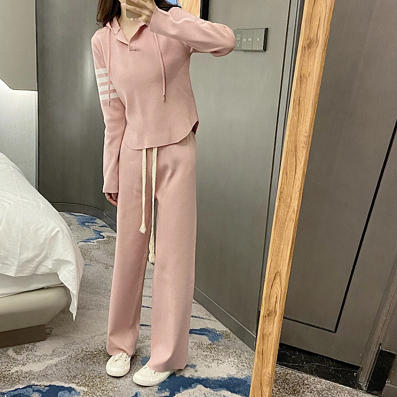 TB Four Bar Knitting Hot Girl Suit Women Slim Slim Hooded Long Sleeve Blouse Loose High Waist Casual Straight Trousers