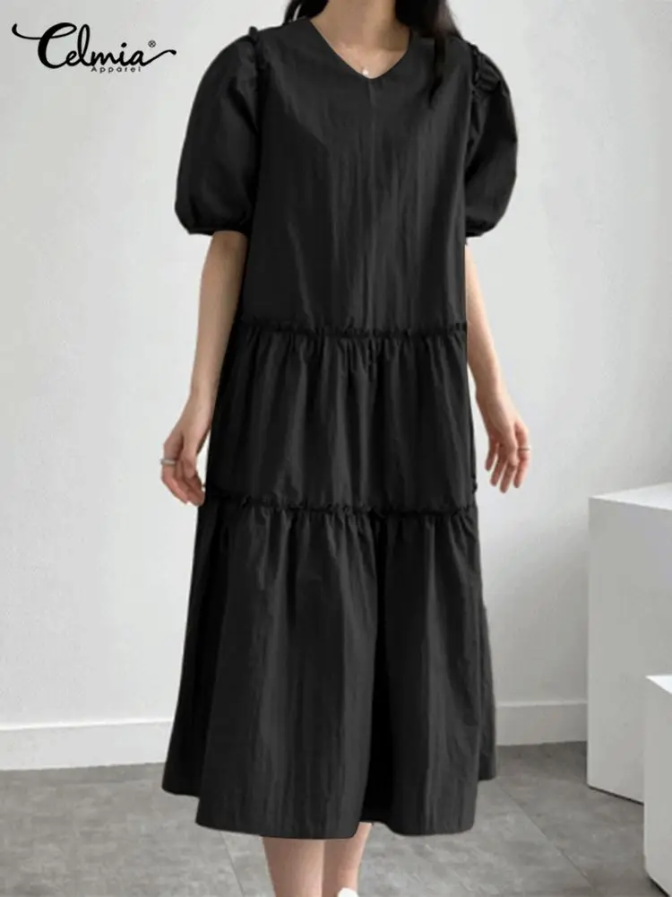 

Holiday A Line Sundress Celmia Fashion Women Puff Short Sleeve Long Dress Summer 2022 Casual V Neck Ruffle Pleats Midi Vestidos