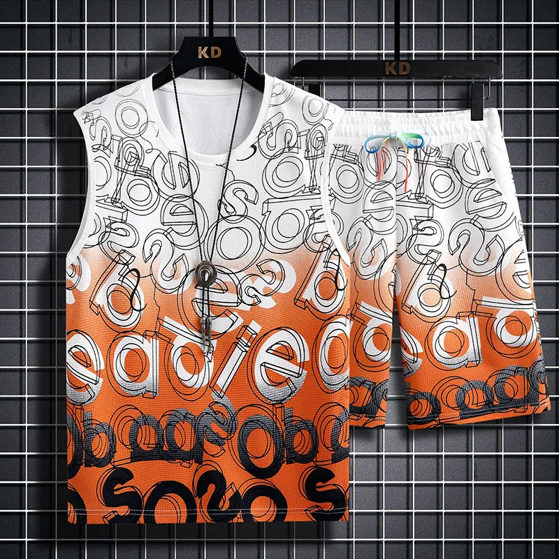 Waffle Sleeveless Suit T-shirt Men's Summer Basketball Vest Waistcoat Fitness Sports Student Shorts Summer Suit