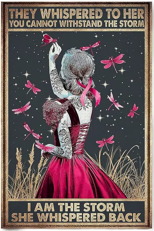 

Винтажный металлический жестяной знак Хиппи девушка Стрекоза они шепот ей вы не можете выдержать шторм я шторм шепот