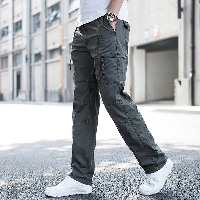 Big Size 6XL Men's Cargo Trousers Straight Leg Work Pants Men Cotton Casual Loose Spring Summer Wide Overalls Male Multi Poc