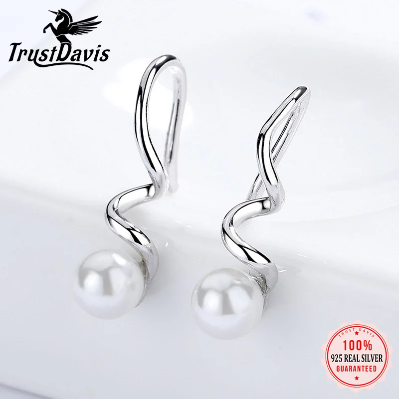 

TrustDavis Real 925 Sterling Silver Earring Fashion Spiral Pearl Stud Earrings for Women Dangle Earring Wedding Jewelry J129