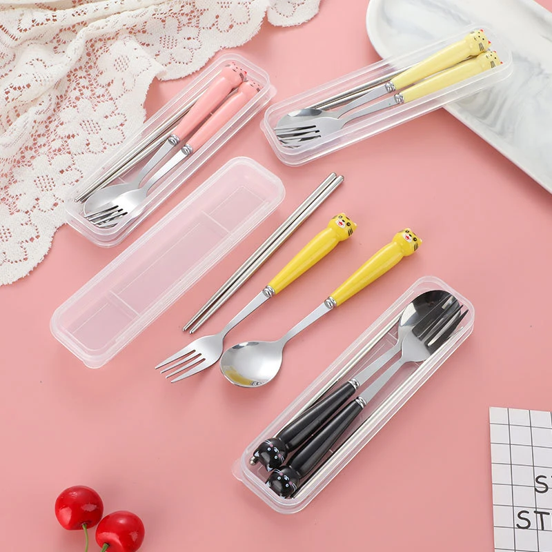 

1Set Cute Cartoon Travel Tableware With Case Portable Utensils Reusable Stainless Steel Flatware Include Fork Spoon Chopsticks