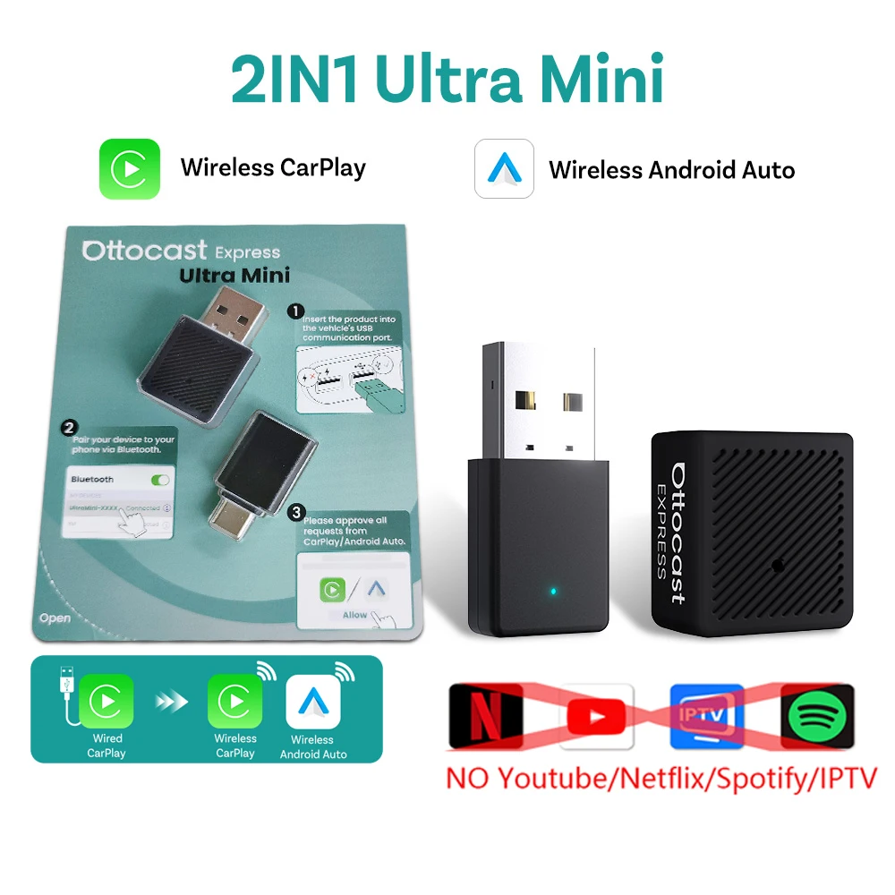 

Ottocast New Play2Video Pro Ai Box Беспроводной адаптер CarPlay Android Auto Встроенный Youtube Netflix для автомобиля с проводным Carplay