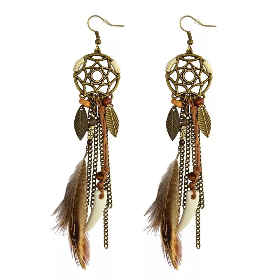 

Indian Dreamcatcher Long feather Drop Earrings Beads Hexagram Bohemia earring Ethnic Vintage Charm BOHO Holiday jewelry
