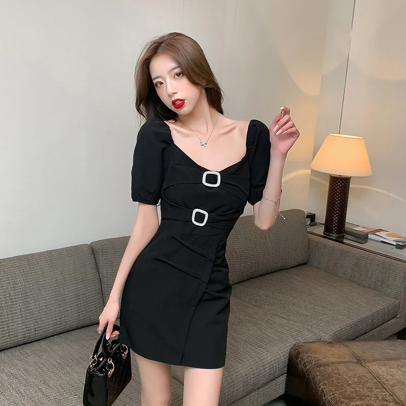 

COIGARSAM Summer Women's 2021 2022 Sexy French Style Square Collar High Waist Black White Dress Dropshipping