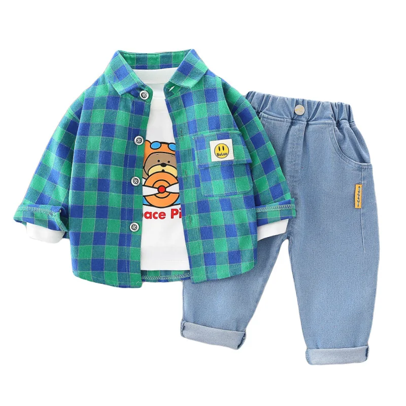 OLEKID 2023 Spring Autumn Children Boys 3PCS Clothing Set Plaid Shirts Cartoon Printed Sweatshirt Jeans Pants Baby Boy Clothes images - 6