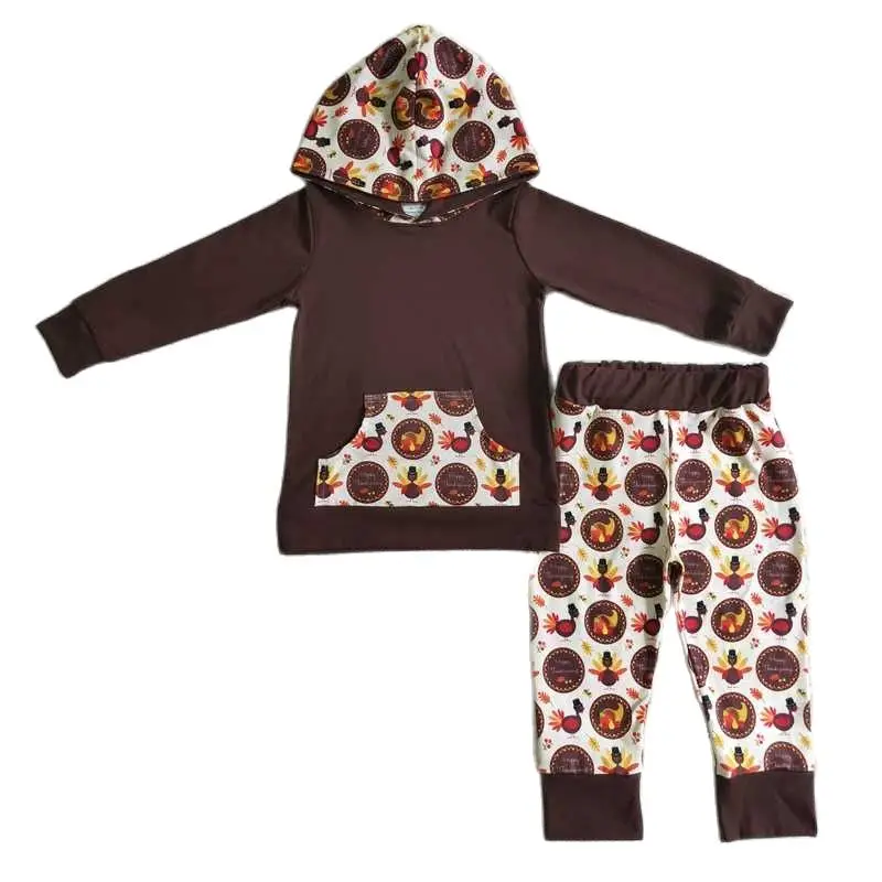 

BLP0022 Boys Thanksgiving Turkey Hooded Pocket Long Sleeve Sweater Trousers Set RTS Boutique Children Winter Outfits