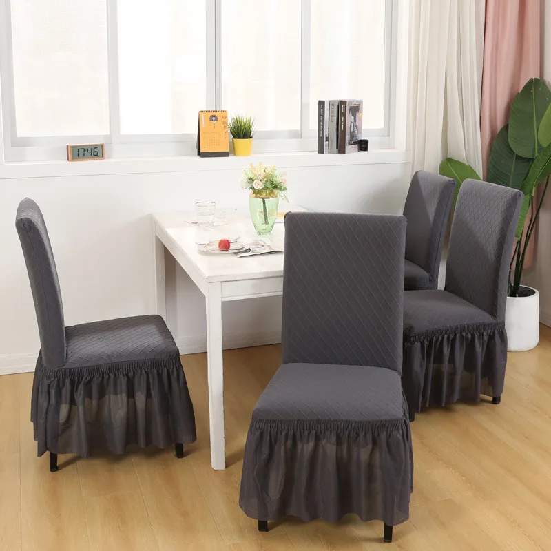 

Hotel Stretch Chair Cover Jacquard Pleated Lotus Leaf Skirt Bedroom Living Room Dining Room Chairs Covers Solid Color Plaid