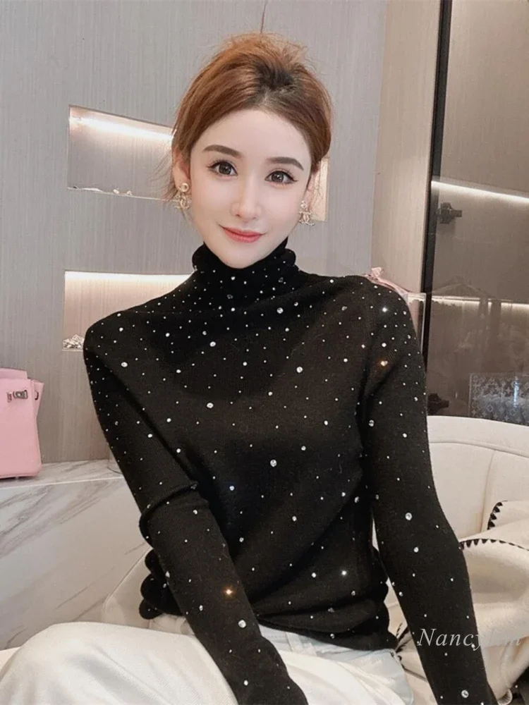 

Exquisite Rhinestone Sweater for Women 2023 Autumn Winter Underwear New All-Matching Turtleneck Sweater Candy Color Top Pulls