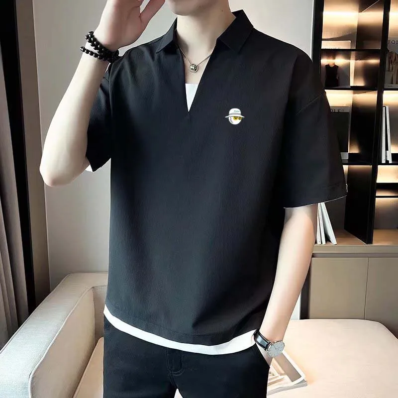 2023 Men Malbon Golf Wear Clothing Polo Men's Summer V-neck Silk Shirt Breathable Short Sleeve Casual Business Sports Top