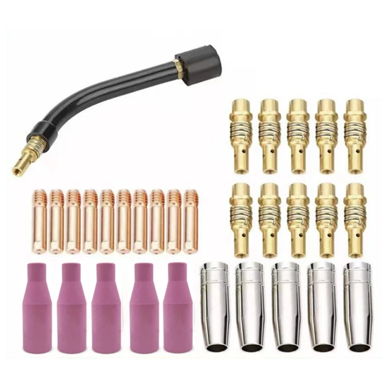 

AT14 31Pcs 15AK For Binzel Torch/Gun Consumables Electrode Link Rod Tips Goose Neck Bend For MIG Welding Machine 0.8Mm