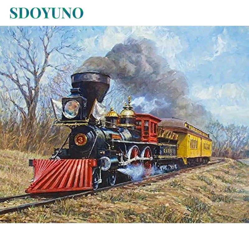 

SDOYUNO Oil Painting By Numbers Train Drawing On Canvas DIY Pictures By Number Scenery Kits Hand Painted Paintings Home Decor