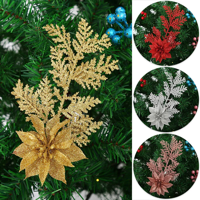 

Рождественские блестящие Искусственные золотые Порошковые цветы, рождественские украшения, елочные украшения для дома, новогодняя и Сваде...