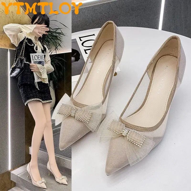 

2021 New Style Lace, Elegant, Gentle, Fairy-like, Pointed Toe, Thin Heel, Thin French Single-pedal Shoes Shoes Woman High Heel