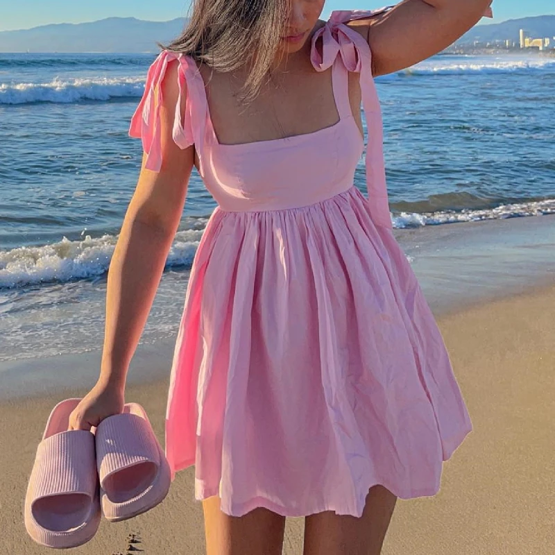 

Dourbesty Cute Pink Princess Dress Summer Casual Mini Dress Tie-Up Straps Sling Dress Fashion Beach Vacation Dress Fairycore y2k