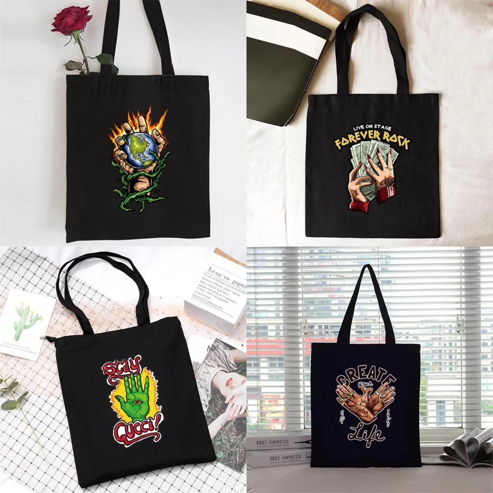 

Shopping Bag Women Canvas Shopper Shoulder Bag Eco Handbag 2022 Fashion Organizer Tote Bag Commute Grocery Bag Hand Print