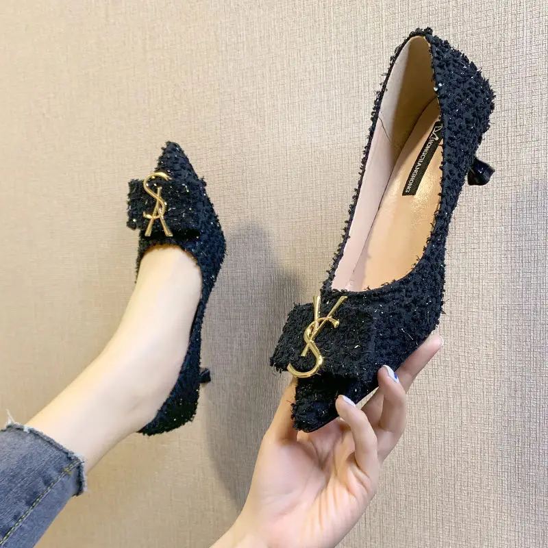 2023 Spring New Network Red Wind Thin Heel Shallow Mouth Pointed Toe Single Shoes French Girls' High Heels Women's Shoes