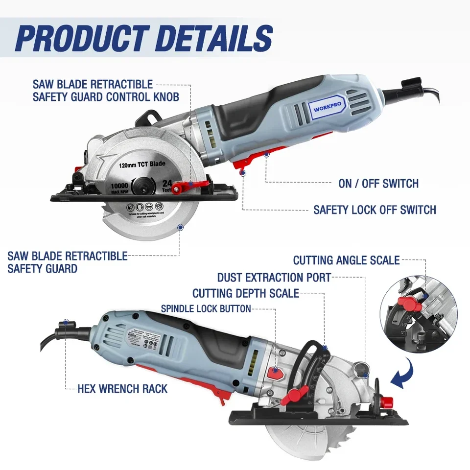 WORKPRO 750 Вт Мини-циркулярная пила Электроинструменты Многофункциональная с