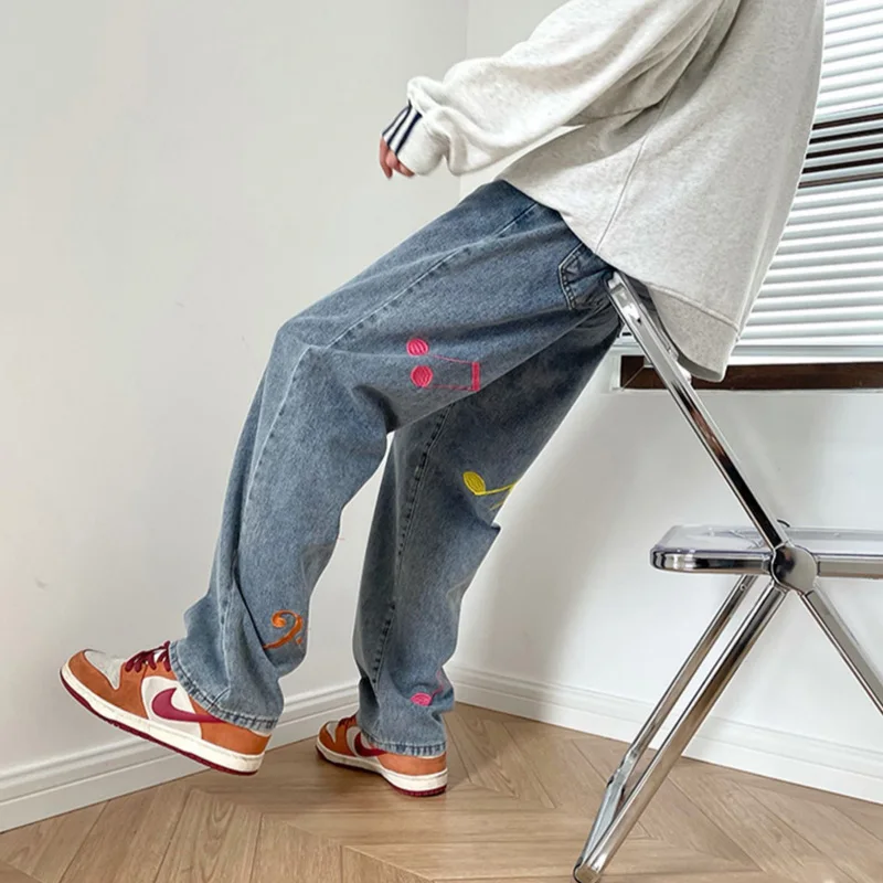 New Embroidery Jeans for Men Baggy Denim Trousers Fashion Street Style Bottoms Harajuku Straight Pants Plus Size Male Clothes
