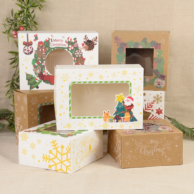 

3pcs Christmas Paper Box With Window Handle Candy Box Merry Christmas Cookie Carton Packaging Decor Xmas New Year Navidad Gifts