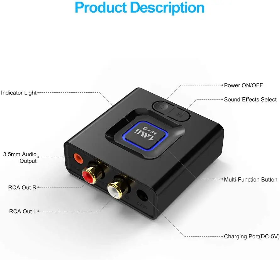

[Upgraded] Bluetooth Audio Receiver 12hrs Playtime, 5.0 Adapter for Home Stereo Music Streaming System, Low Laten011