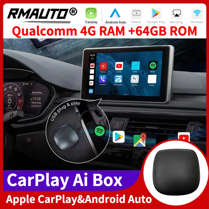 

RMAUTO Wireless Carplay Ai Box Qualcomm 4+64G Android Auto Apple CarPlay ApplePie Youtube Netflix for BMW Audi Toyota Mazda KIA