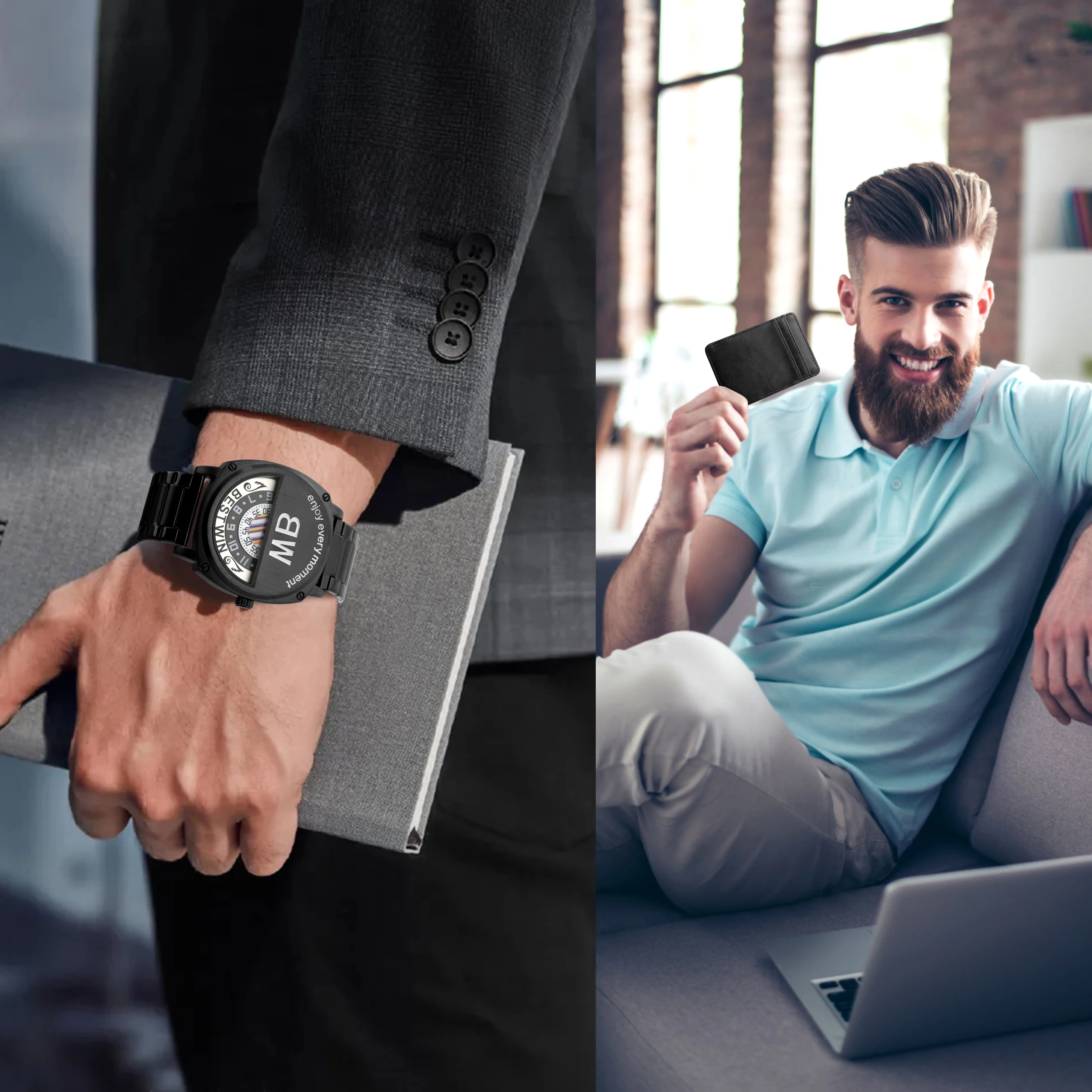 

Steel Band Bw Men's Watch Ultra Precision Quartz Watch Business Watch Card Bag Sunglasses 3-Piece Gift Set for Boyfriend