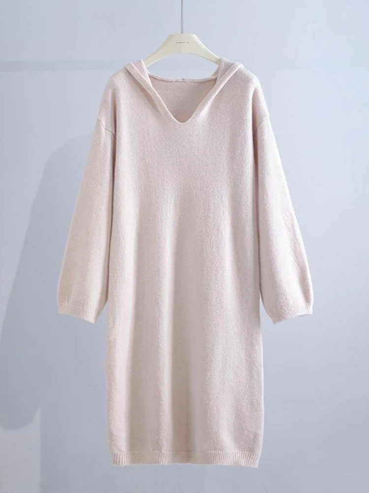 

Casual Sweater Dress Women Elegant Vintage Long Sleeve Knitted Dresses Hooded Loose Solid V-neck Korean Fashion