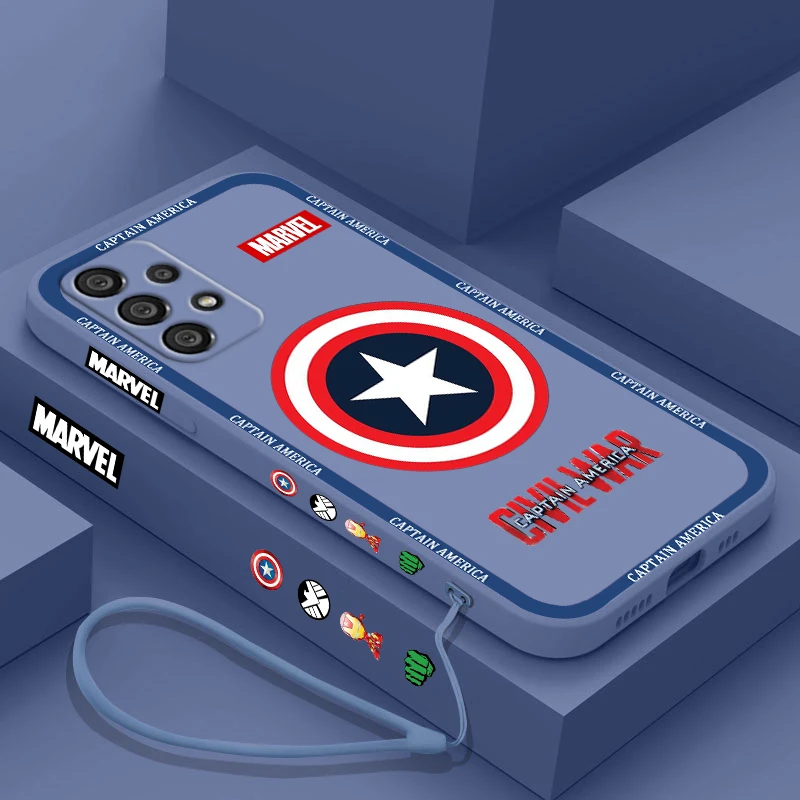 

Captain America shield Logo For Samsung A73 A53 A33 A52 A32 A71 A51 A21S A03S A50 A30 5G Phone Case Liquid Left Rope Cover