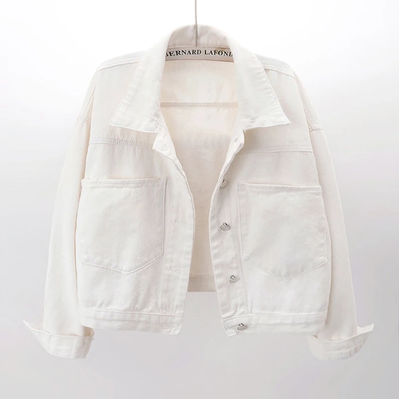 

Korean Fashion Beige Denim Jacket Coat Women Loose Short Student Cowboy Outerwear Big Pocket Long Sleeve Jeans Jackets Female