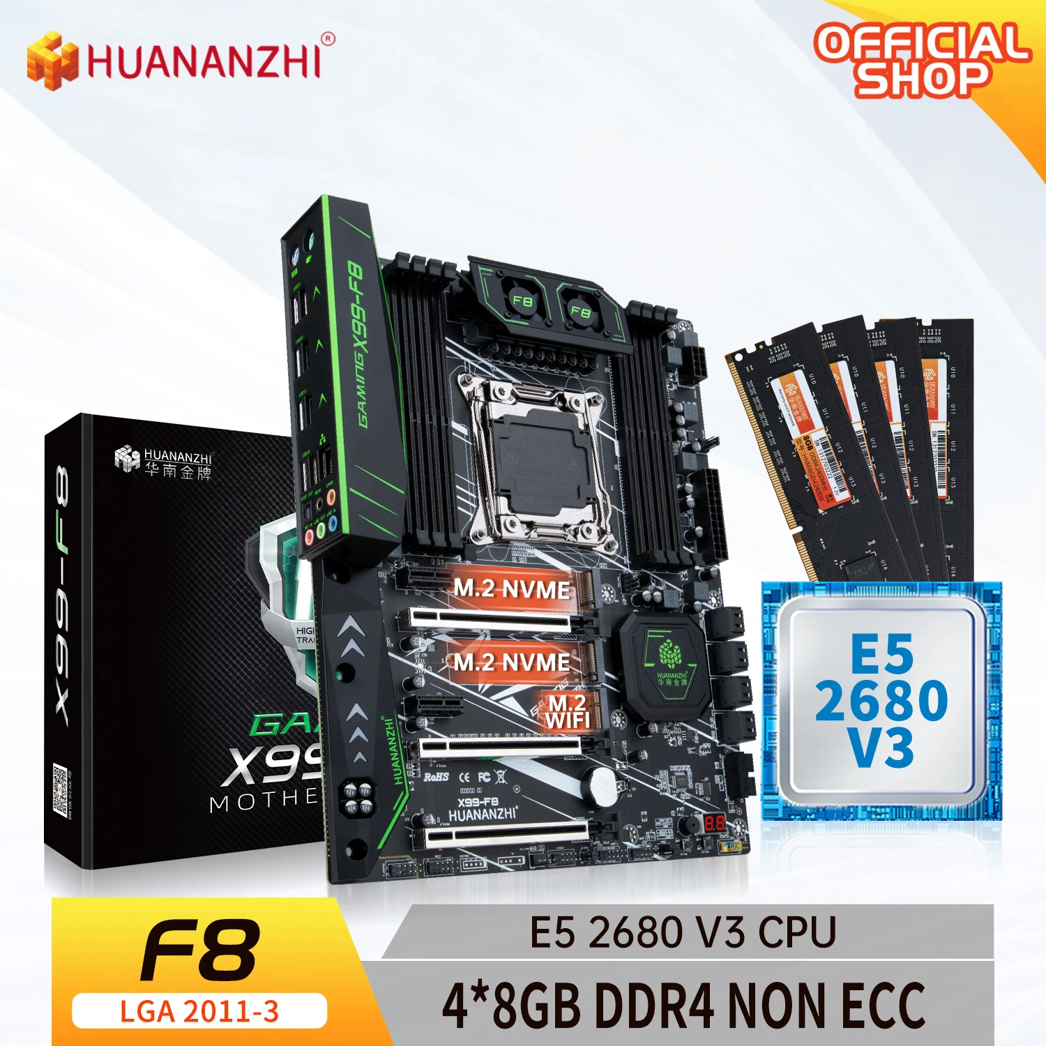 HUANANZHI X99 F8 X99 Motherboard with Intel XEON E5 2680 V3 with 4*8G DDR4 NON-ECC memory combo kit set NVME SATA 3.0 USB 3.0