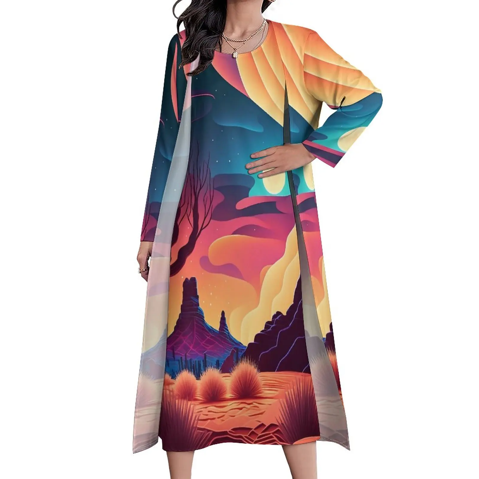 

Платье-макси в стиле бохо женское, длинное пляжное платье с принтом пустыни и Луны, индивидуальный пошив, модная уличная одежда, большие размеры, лето