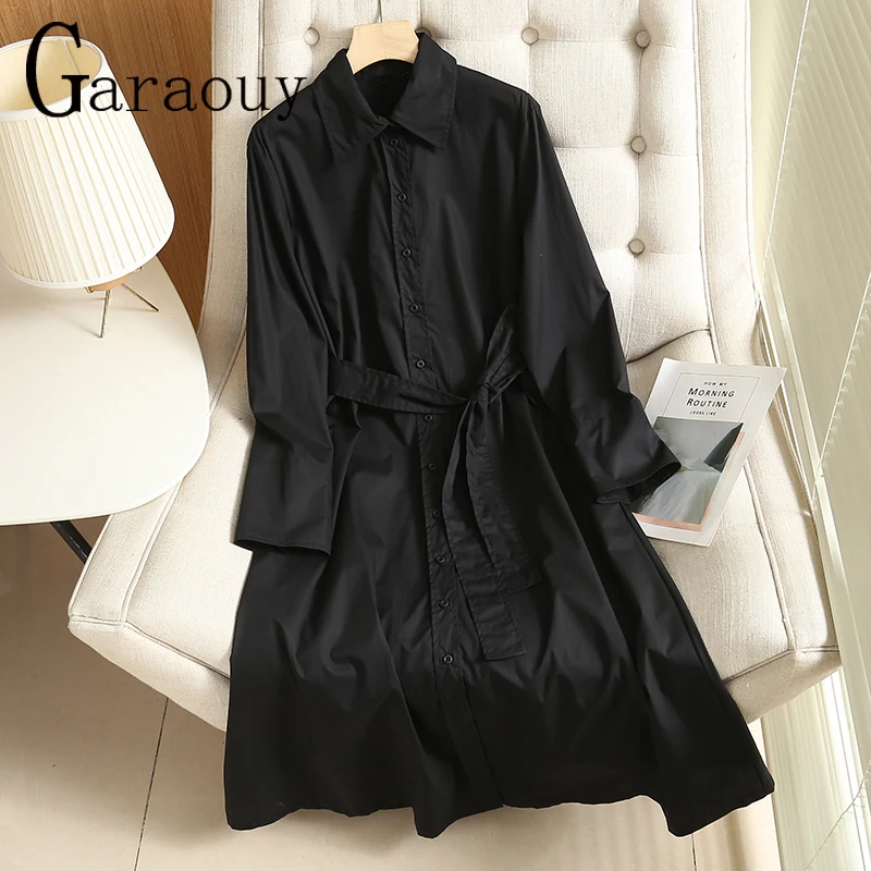 

Осень 2022, женское базовое Черное длинное платье-рубашка Garaouy с поясом, женские Универсальные высококачественные рабочие платья-миди, женско...