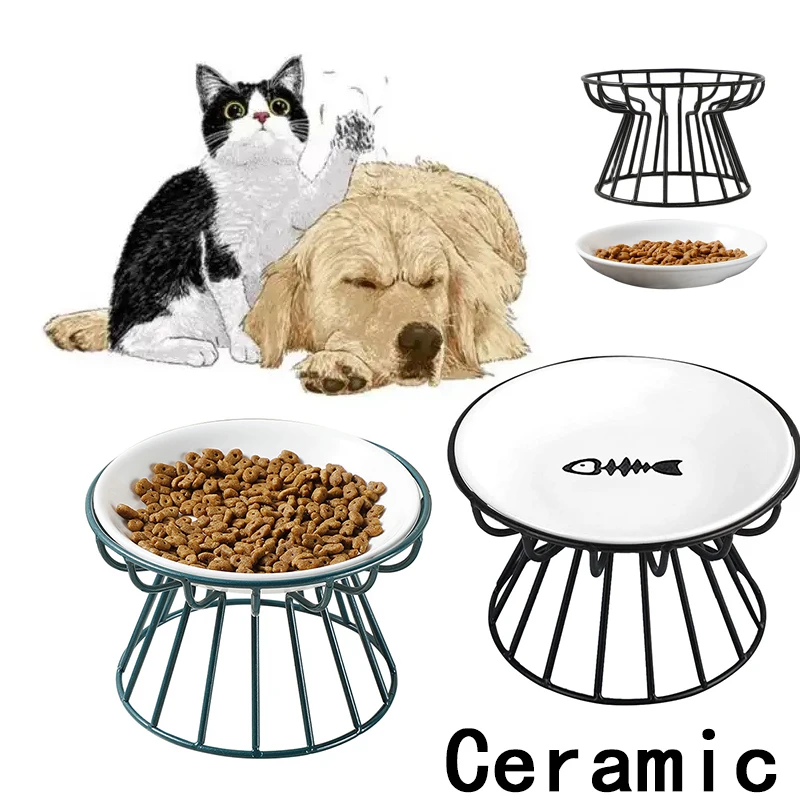 

Ceramic Dish Pet Bowl for Dog Cat Bowl Stainless Steel Elevated Bracket Cat Feeder Plate Anti-cervical Spondylosis Food Bowl