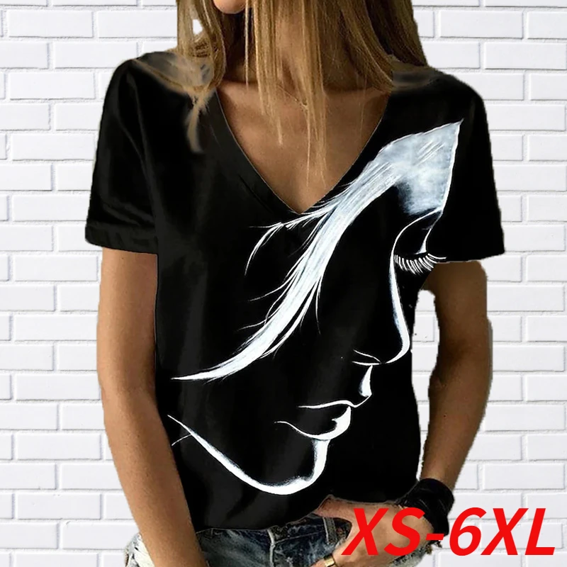 

Abstract Portrait Print T Shirt Women's Summer 2022 Fashion Basics V Neck Top Black/3D Print Shirt