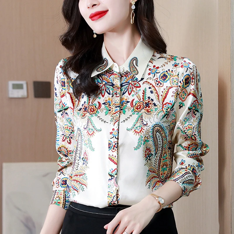 

Fashion Printed Satin Silk Shirts Women Blouses Spring Autum Long Sleeve Office Ladies Work Shirts Hidden Buttons Loose Tops